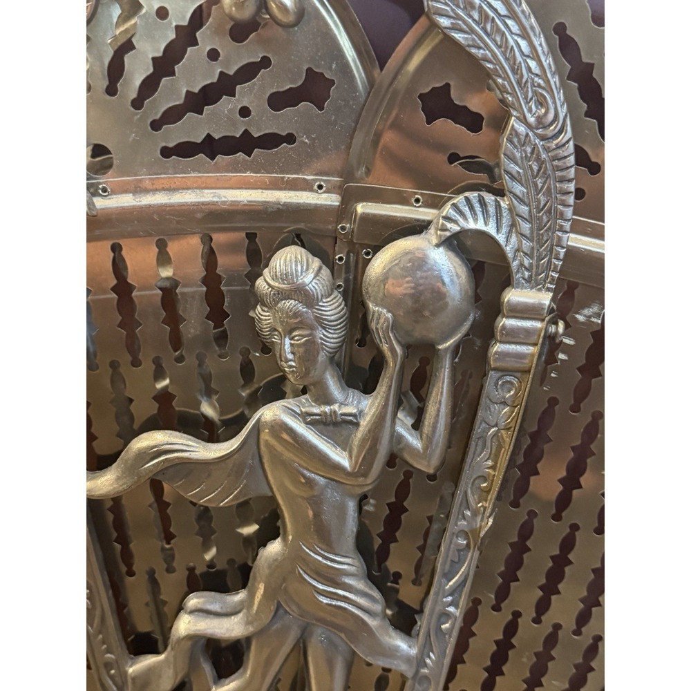 Vintage Art Deco Brass Peacock Fan Fireplace Screen Figural Filigree Goddess - Picture 7 of 16